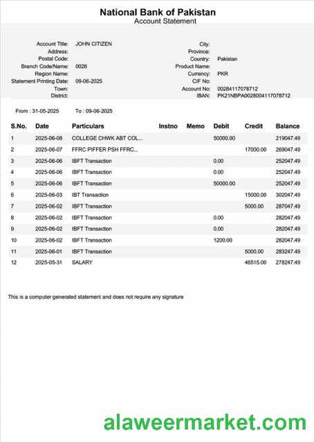 Pakistan National Bank of Pakistan account statement Word and PDF template, version 2